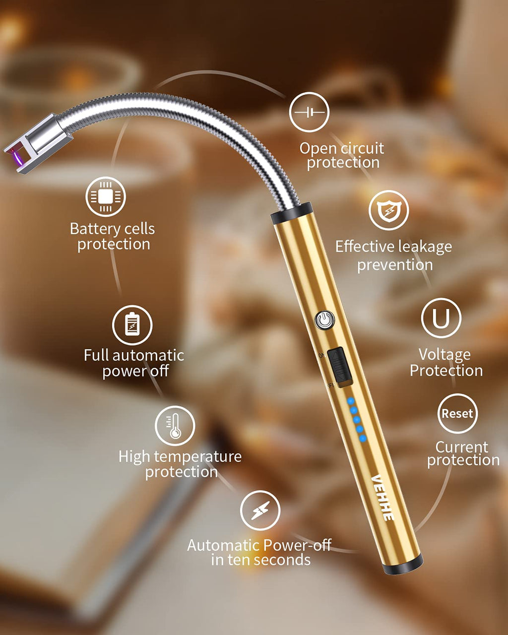 Premium Gold Electric Arc Lighter – Rechargeable USB-C Candle Lighter with 360° Flexible Neck & LED Battery Indicator |