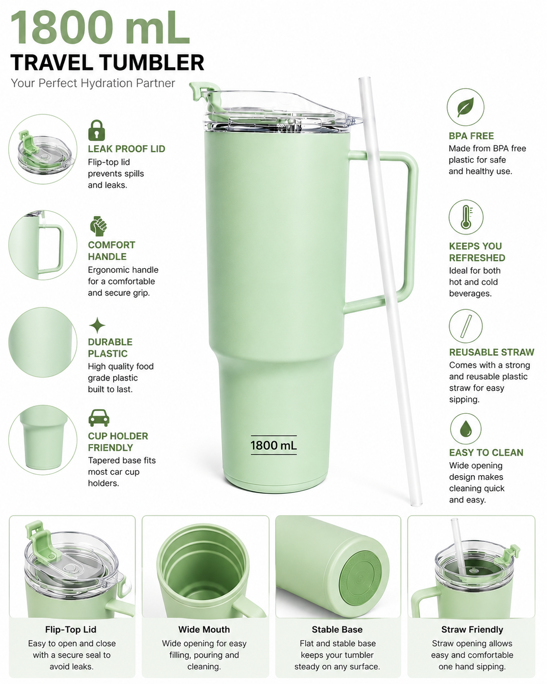 Mega 1800mL Insulated Tumbler with Handle and Straw – Double-Wall Vacuum Travel Mug