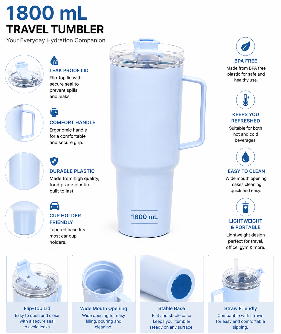 Ultimate 1.8L (1800mL) Insulated Travel Tumbler Mug – Heavy-Duty Matte Sports Flask with Comfort Handle