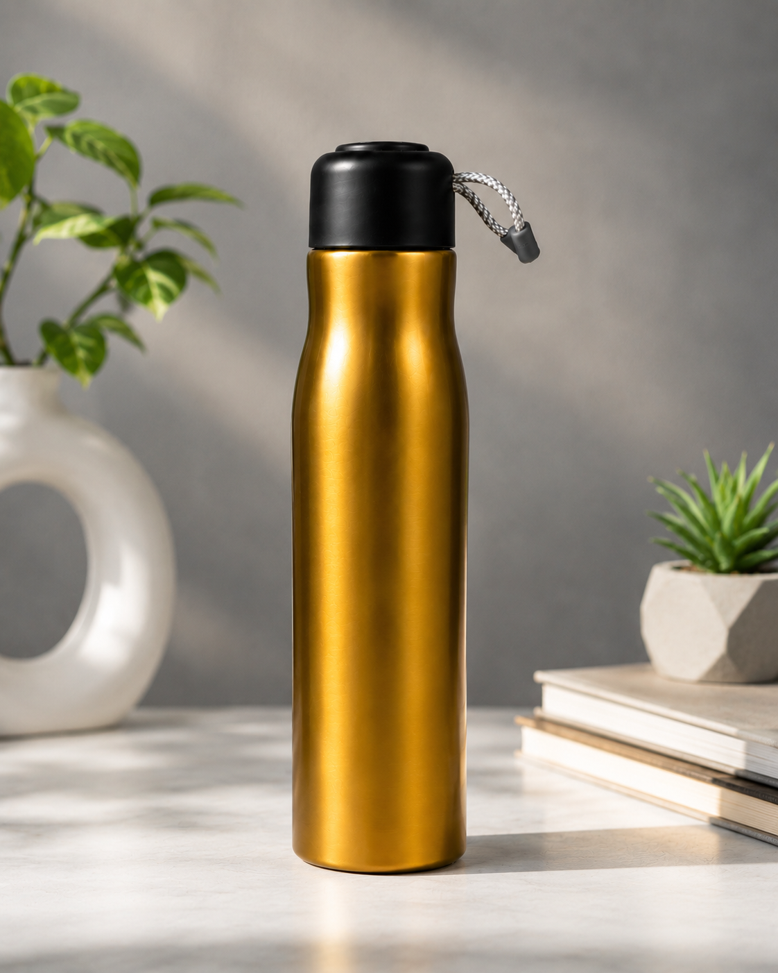 Premium Gold Stainless Steel Water Bottle – 500ml Vacuum Insulated Flask with Leakproof Black Cap & Carrying Cord |