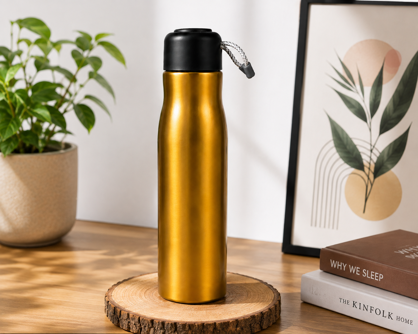 Premium Gold Stainless Steel Water Bottle – 500ml Vacuum Insulated Flask with Leakproof Black Cap & Carrying Cord |