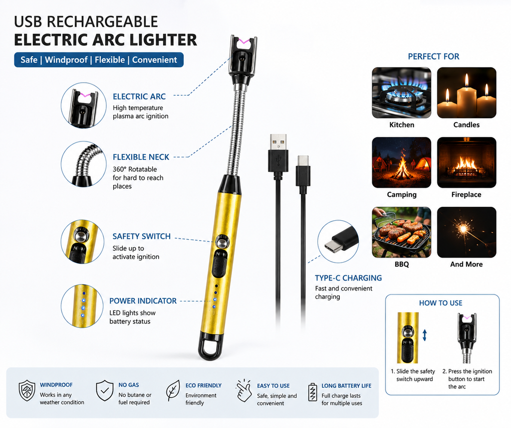 Premium Gold Electric Arc Lighter – Rechargeable USB-C Candle Lighter with 360° Flexible Neck & LED Battery Indicator |