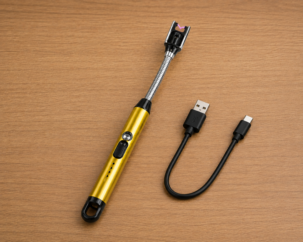Premium Gold Electric Arc Lighter – Rechargeable USB-C Candle Lighter with 360° Flexible Neck & LED Battery Indicator |