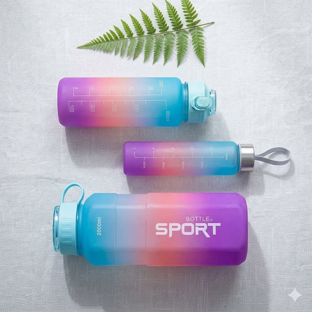 3-Piece Motivational Ombre Water Bottle Set – 2000ml, 900ml, & 500ml Leakproof Sports Flasks