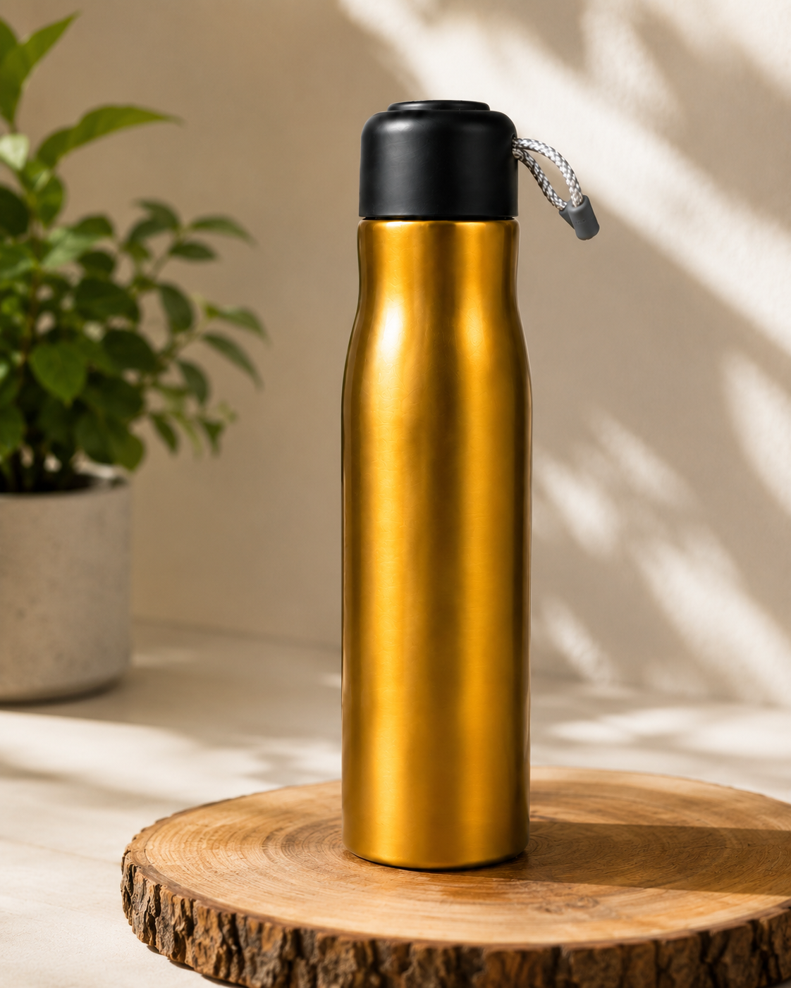 Premium Gold Stainless Steel Water Bottle – 500ml Vacuum Insulated Flask with Leakproof Black Cap & Carrying Cord |