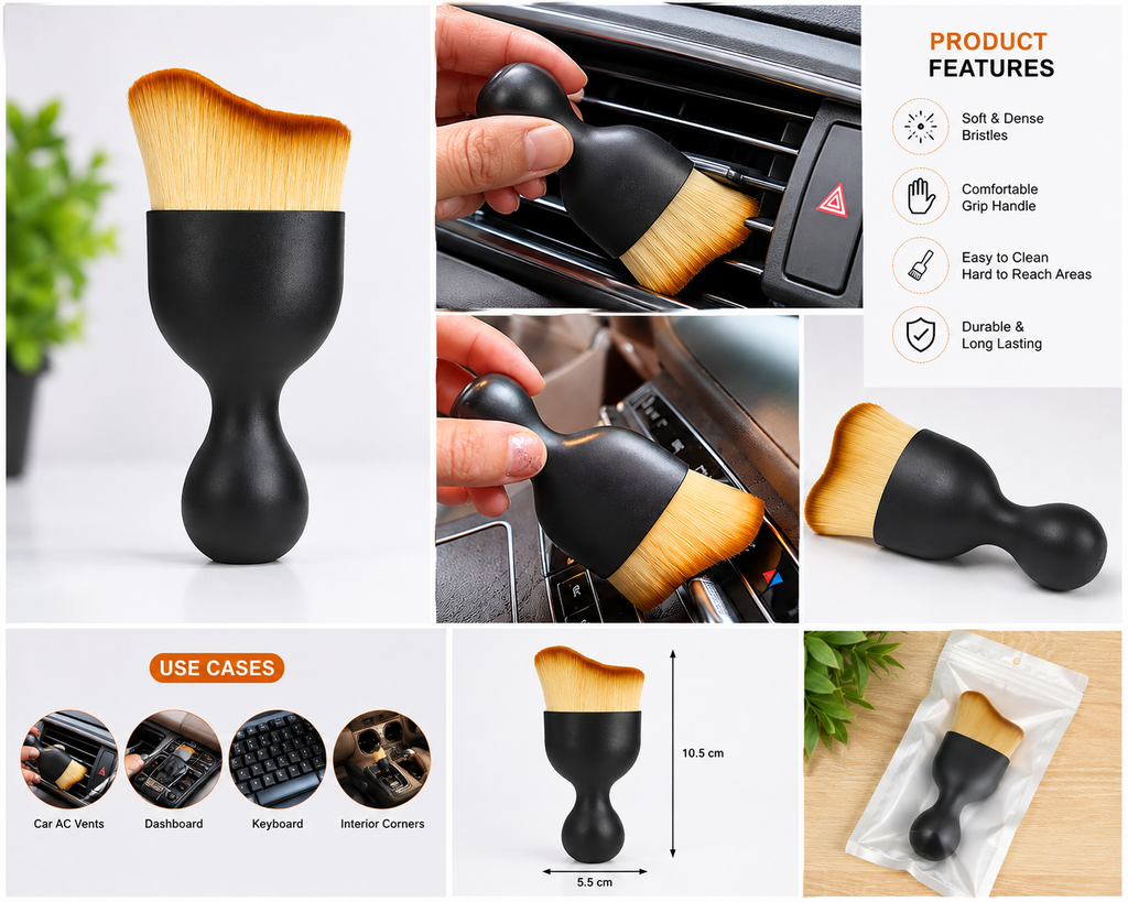 Mini Curved Car Detailing Brush – Premium Soft Bristle Air Vent & Keyboard Dusting Tool