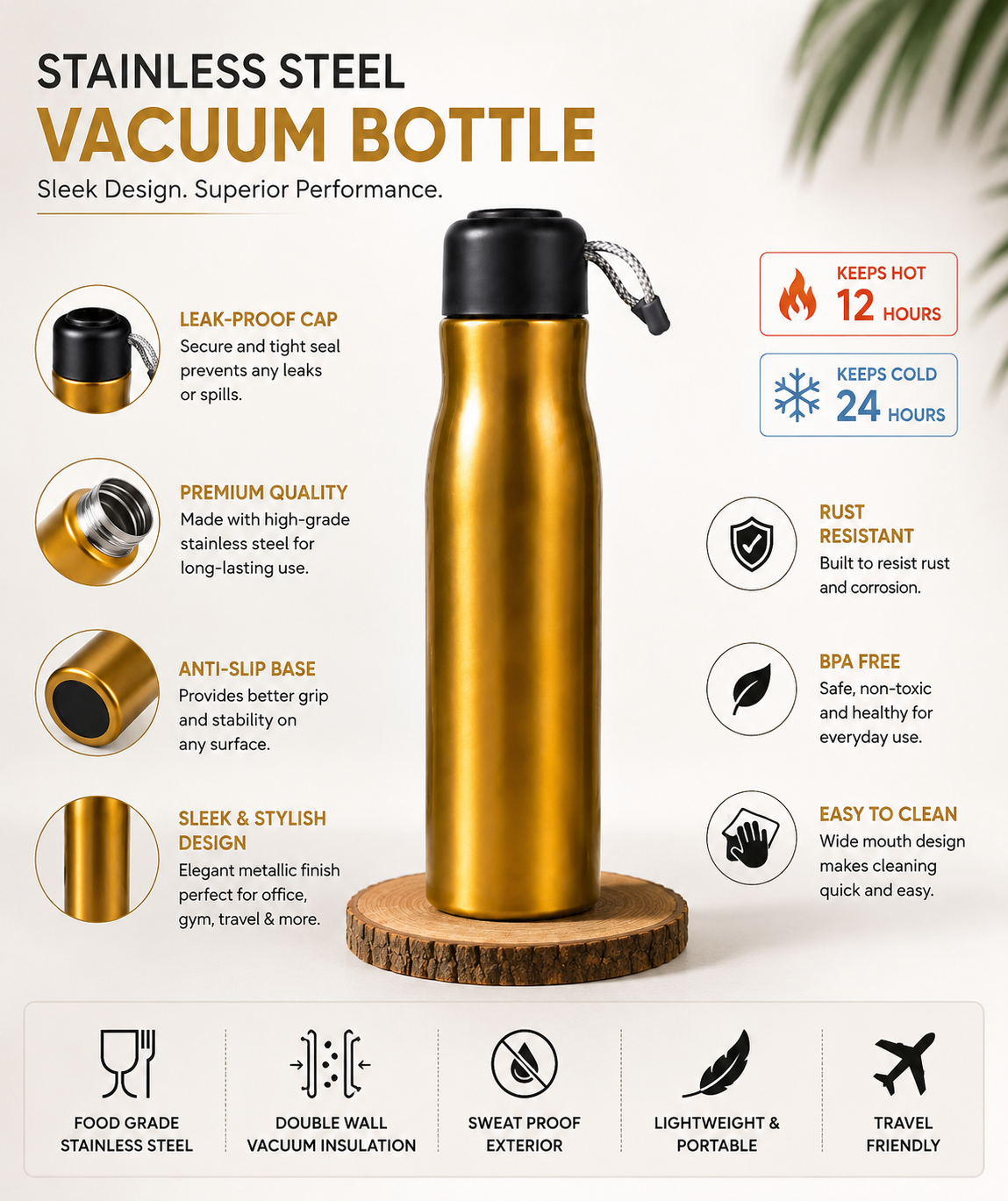 Premium Gold Stainless Steel Water Bottle – 500ml Vacuum Insulated Flask with Leakproof Black Cap & Carrying Cord |