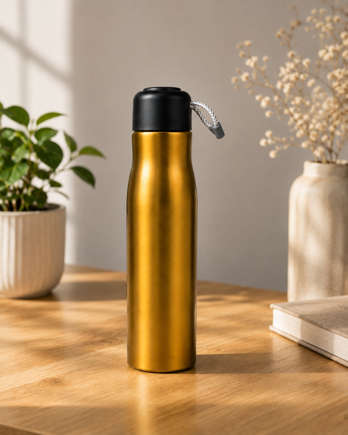 Premium Gold Stainless Steel Water Bottle – 500ml Vacuum Insulated Flask with Leakproof Black Cap & Carrying Cord |