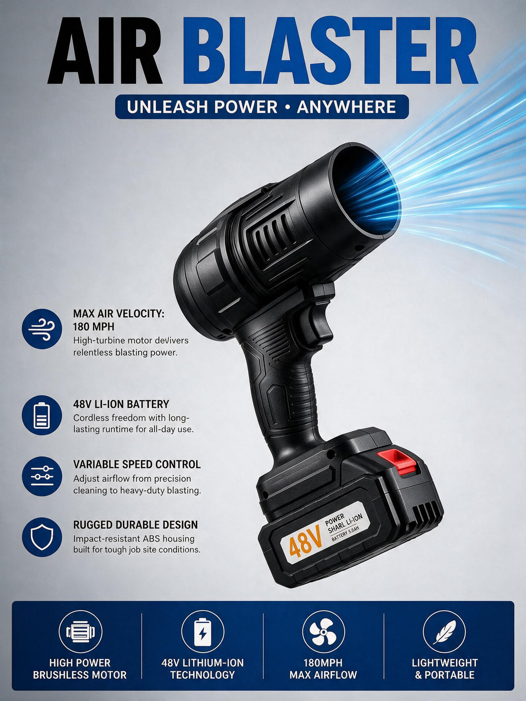 48V Max Cordless Handheld Turbo Jet Blower – High-Power Rechargeable Electric Air Duster & Car Dryer