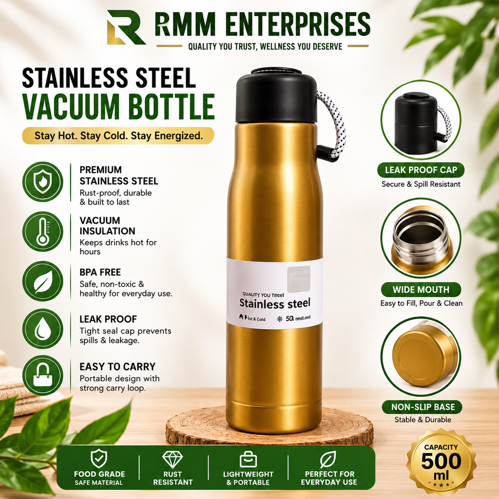 Premium Gold Stainless Steel Water Bottle – 500ml Vacuum Insulated Flask with Leakproof Black Cap & Carrying Cord |