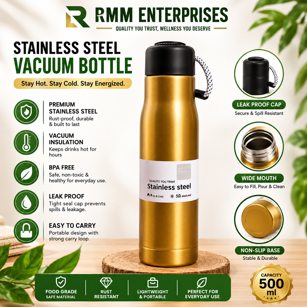 Premium Gold Stainless Steel Water Bottle – 500ml Vacuum Insulated Flask with Leakproof Black Cap & Carrying Cord |