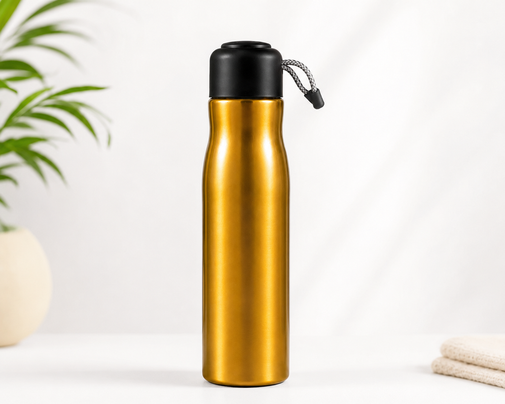 Premium Gold Stainless Steel Water Bottle – 500ml Vacuum Insulated Flask with Leakproof Black Cap & Carrying Cord |