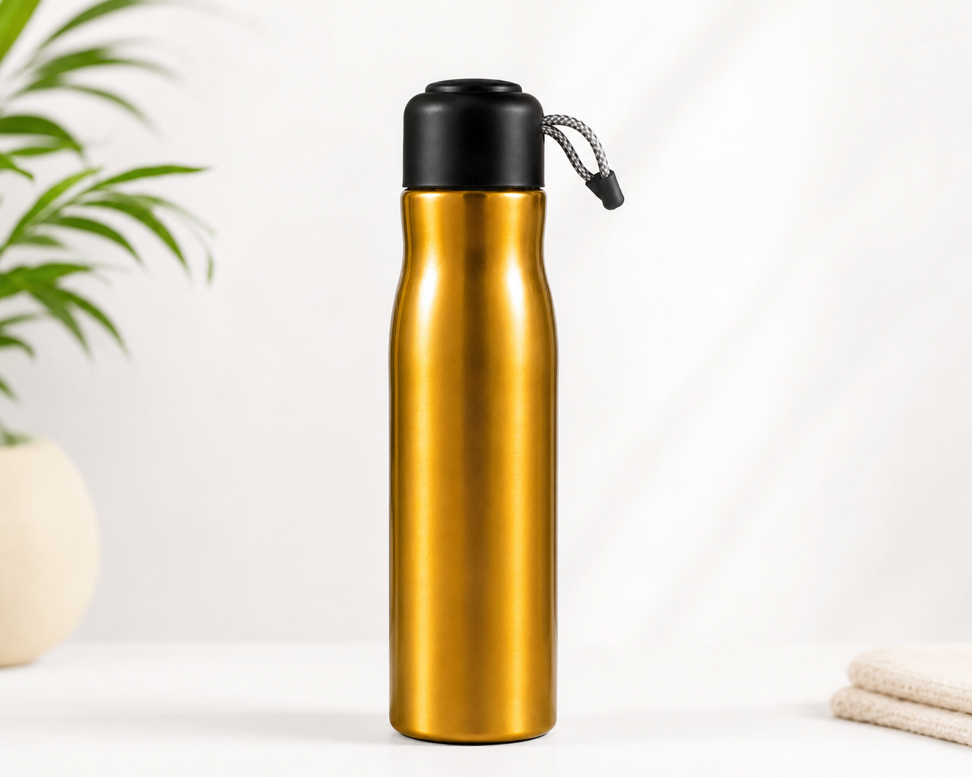 Premium Gold Stainless Steel Water Bottle – 500ml Vacuum Insulated Flask with Leakproof Black Cap & Carrying Cord |