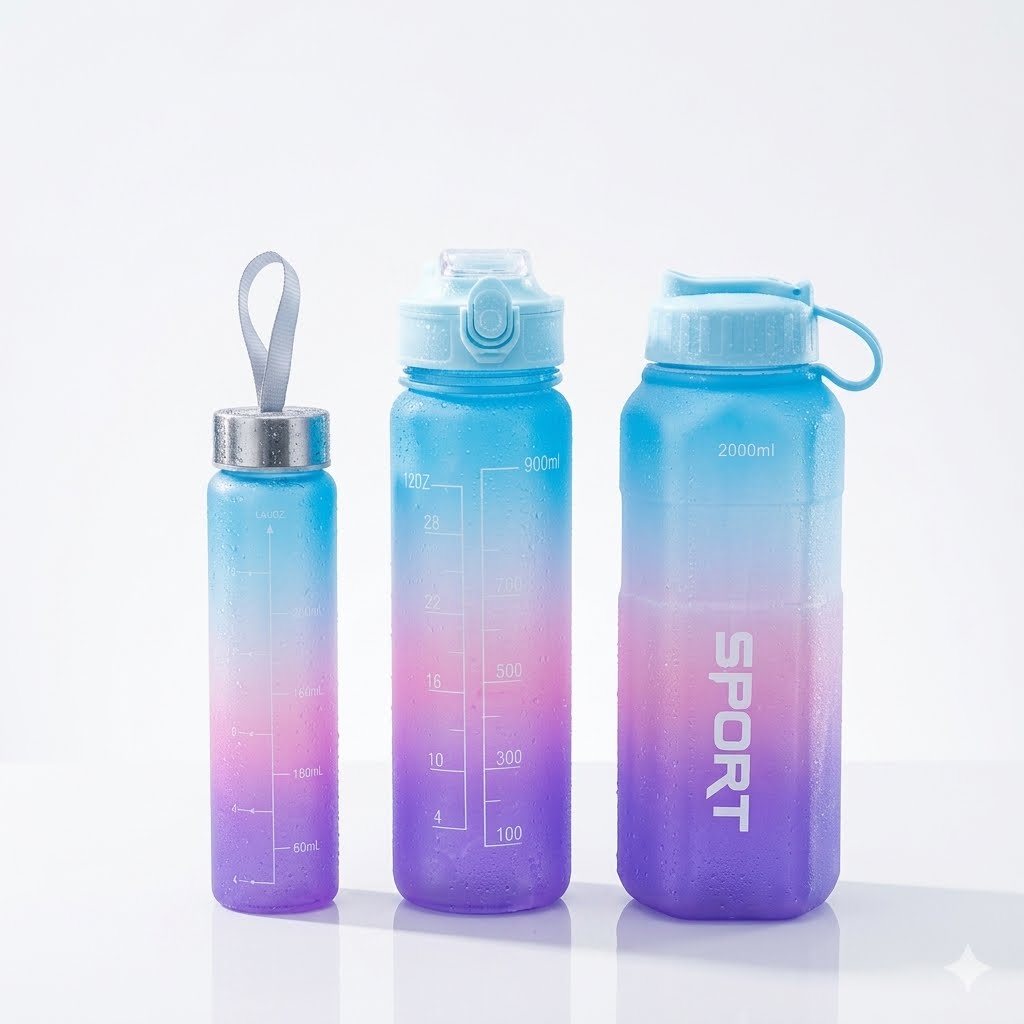 3-Piece Motivational Ombre Water Bottle Set – 2000ml, 900ml, & 500ml Leakproof Sports Flasks