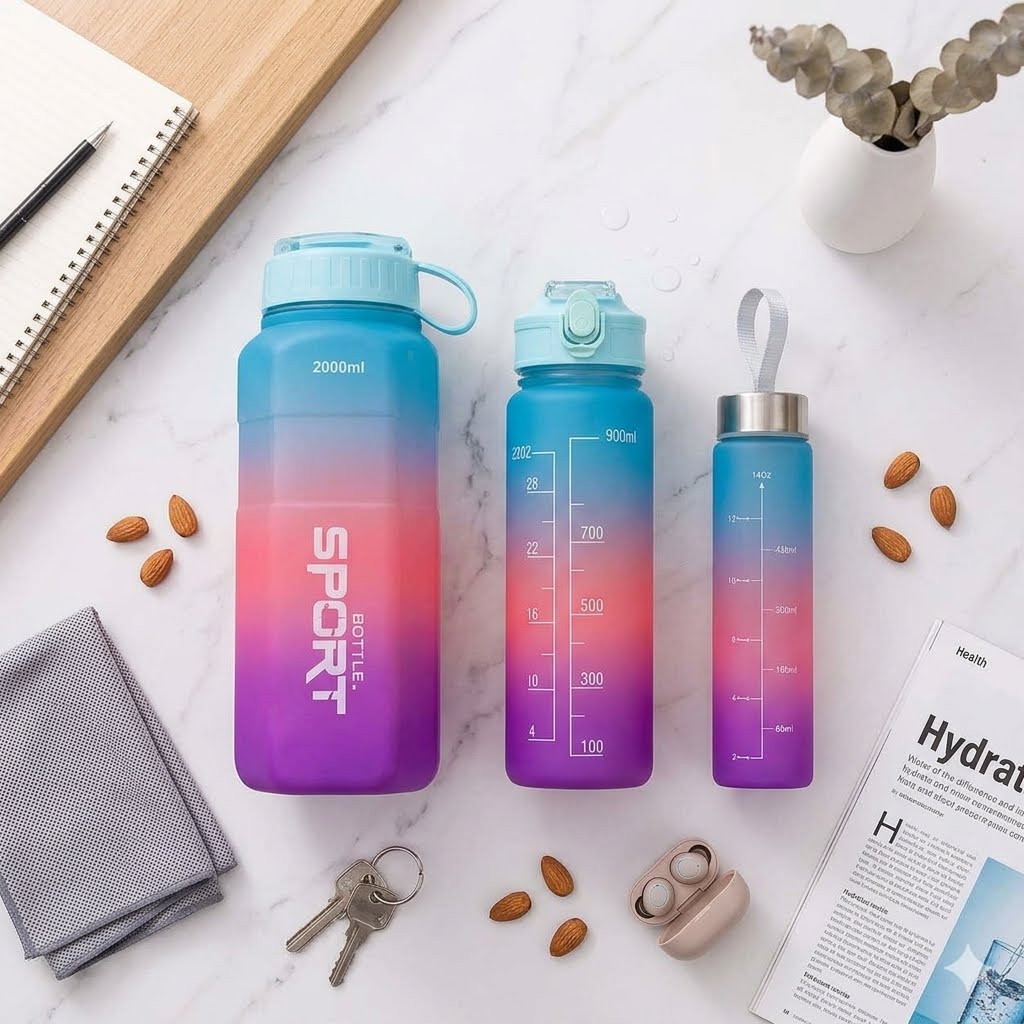 3-Piece Motivational Ombre Water Bottle Set – 2000ml, 900ml, & 500ml Leakproof Sports Flasks