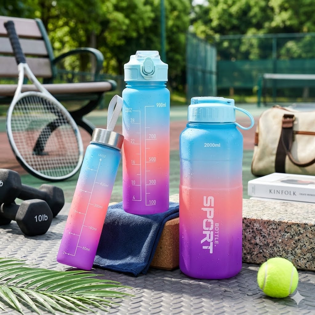 3-Piece Motivational Ombre Water Bottle Set – 2000ml, 900ml, & 500ml Leakproof Sports Flasks