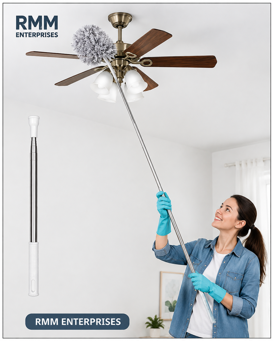 Microfiber Ceiling Fan Duster – Long Extendable Stainless Steel Telescopic Extension Pole