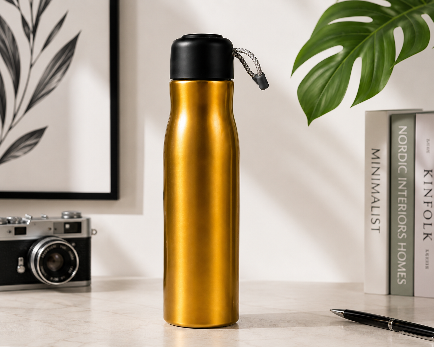 Premium Gold Stainless Steel Water Bottle – 500ml Vacuum Insulated Flask with Leakproof Black Cap & Carrying Cord |