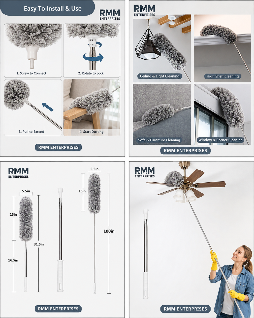 Microfiber Ceiling Fan Duster – Long Extendable Stainless Steel Telescopic Extension Pole
